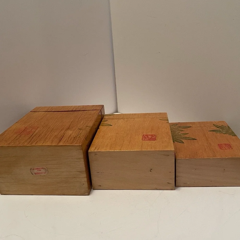 Vintage Chinese Wooden Nesting Boxes Set Of 3 Artist Sealed Bird & Floral Motif
